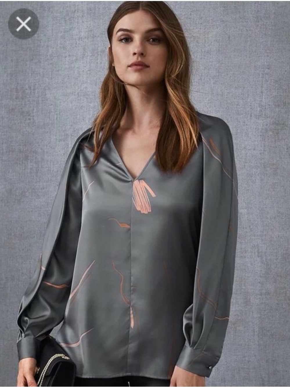 Reiss Pippy Blouse Silver Grey Abstract Pattern sz 8 V-Neck Long Sleeve Top